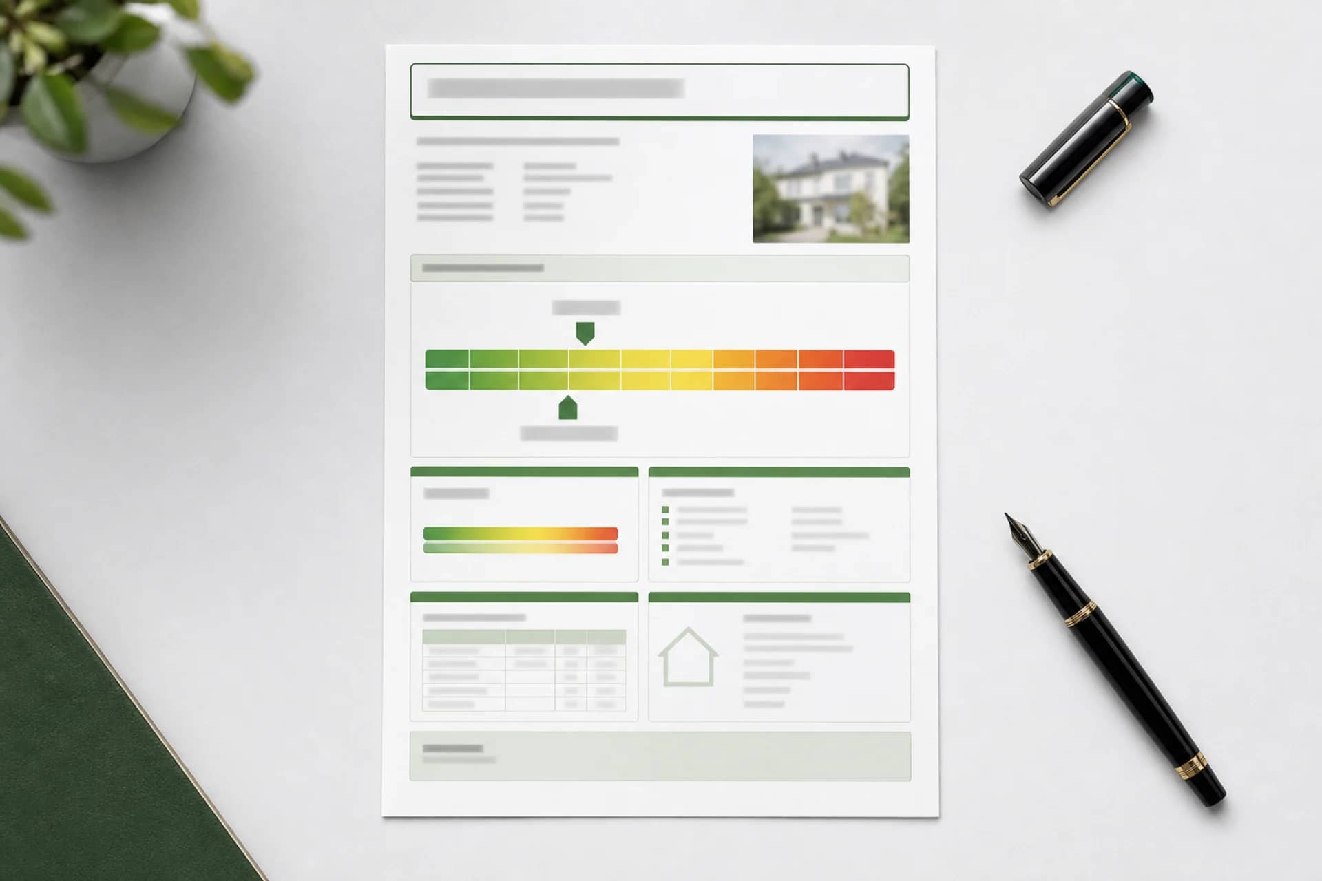 Energieausweis-Dokument in reduktioneller Draufsicht auf silbergrauem Untergrund mit Füllfeder — ohne lesbaren Text