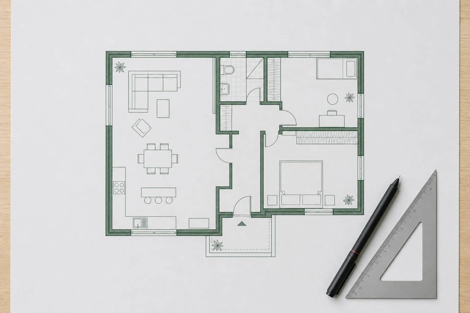 Frisch gedruckter 2D-Grundriss eines kleinen Einfamilienhauses auf einem Architekten-Tisch — schwarzer Fineliner und brushed-aluminium Geo-Dreieck liegen diagonal auf dem Plan