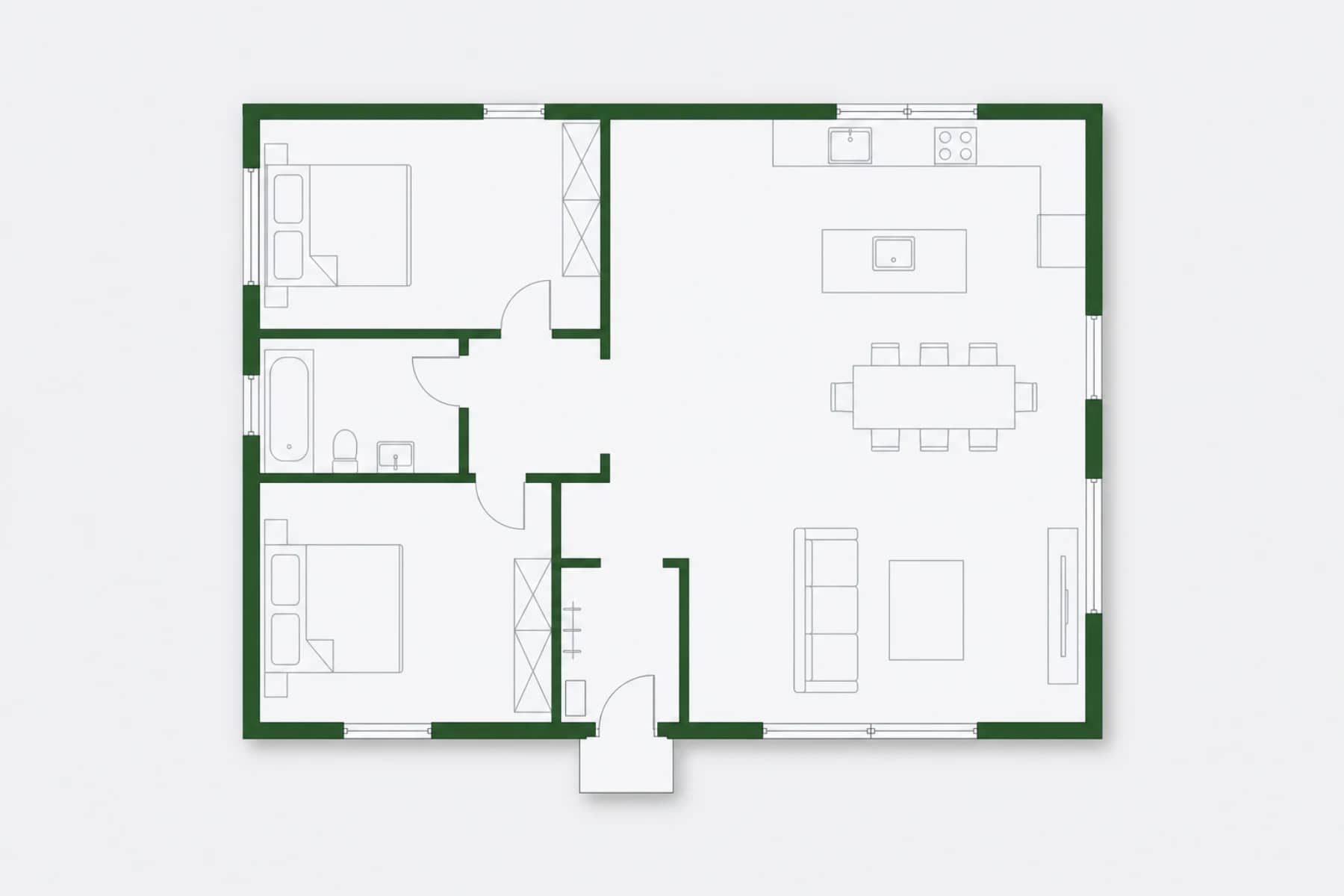 Grundriss eines kleinen Einfamilienhauses mit Eingang, Wohnzimmer, offener Küche, Bad und zwei Schlafzimmern