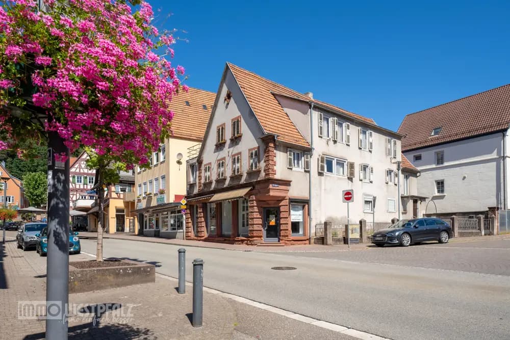 Sonnige Straßenansicht eines traditionellen Eckhauses mit Sandsteinakzenten und Blumenampel — Außenaufnahme in der Südwestpfalz.