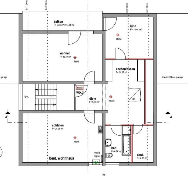 Grundriss einer Dachgeschosswohnung mit Wohnen, Schlafen, Kinderzimmer, Balkon und Bad — maßstabsgetreue Darstellung für Käufer und Banken.