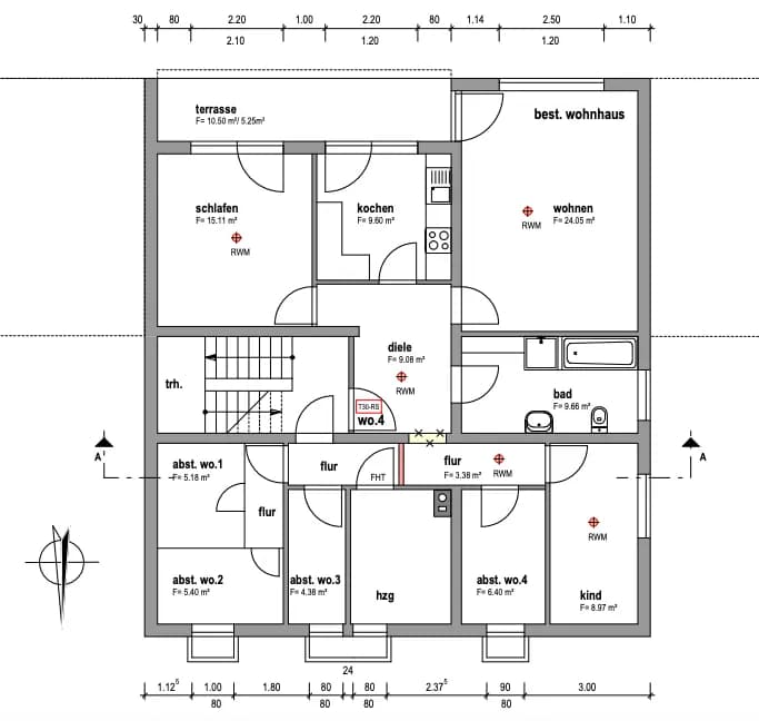 Maßstabsgetreuer Grundriss einer Wohnung im Erdgeschoss mit Wohnen, Schlafen, Kinderzimmer, Küche und Bad — professionelle Grundrissdarstellung für das Exposé.