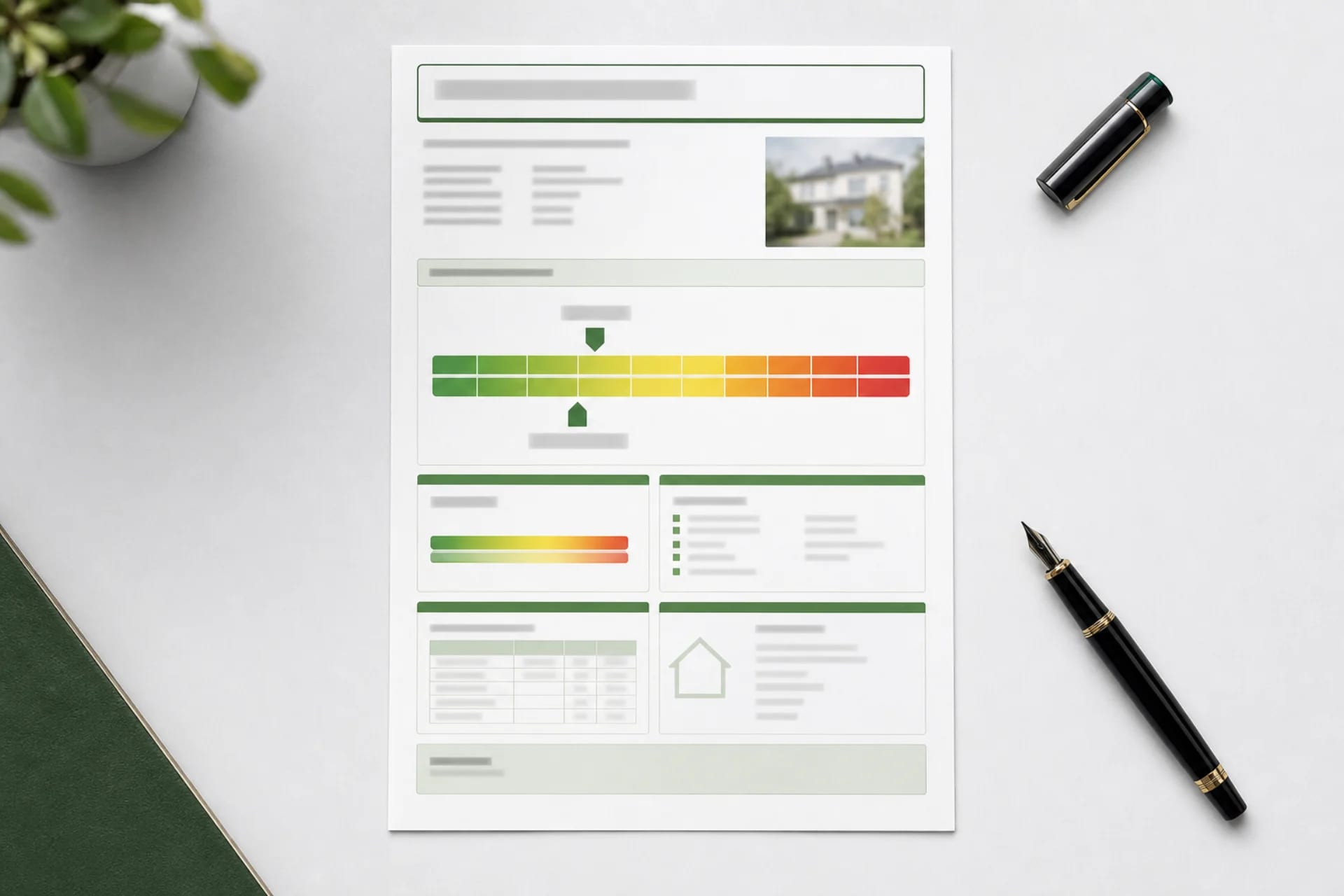 Energieausweis-Dokument in reduktioneller Draufsicht auf silbergrauem Untergrund mit Füllfeder — ohne lesbaren Text