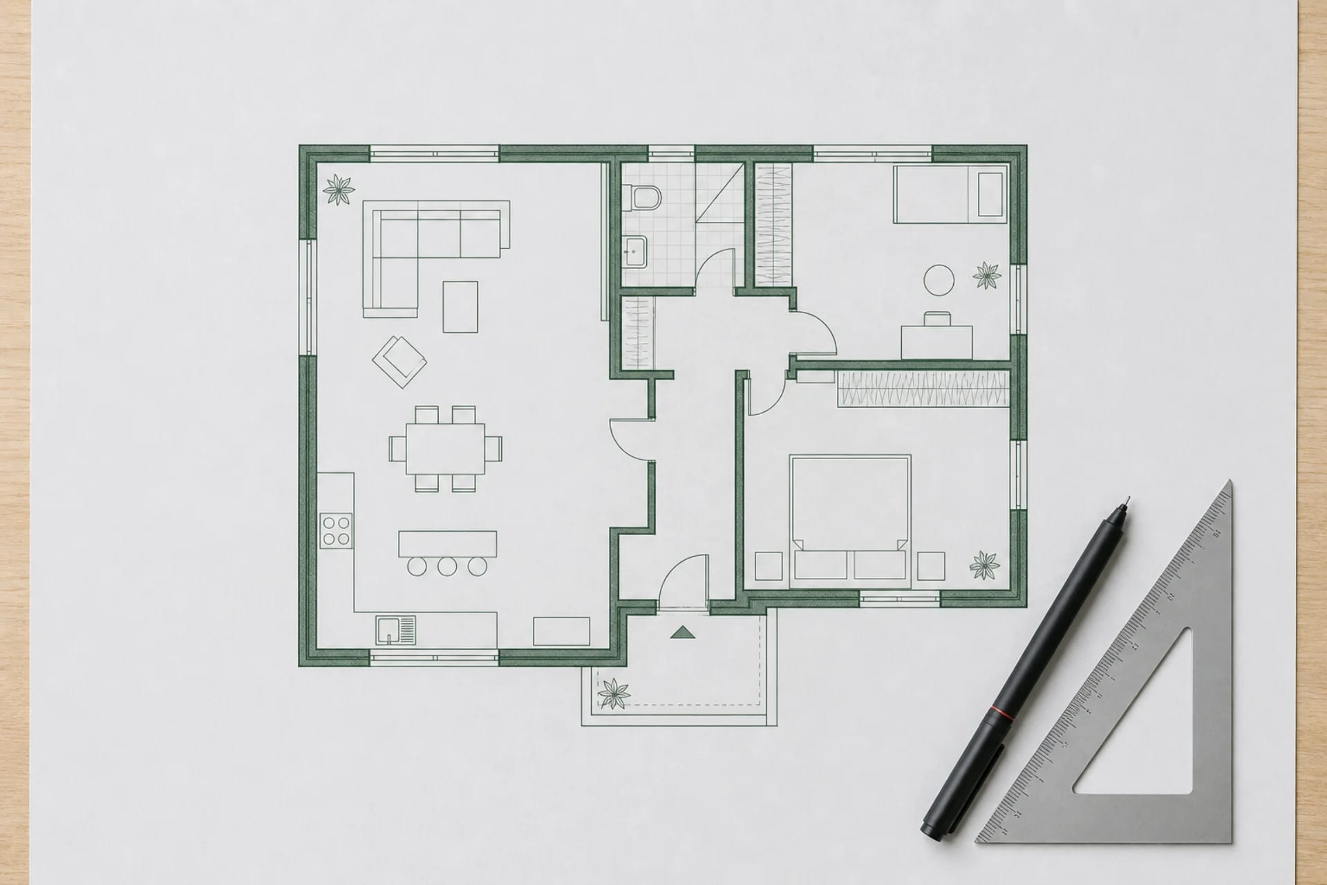 Maßstabsgetreuer 2D-Grundriss auf Architekten-Tisch — professionelle Grundrissdarstellung für Exposé und Immobilienvermarktung